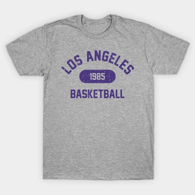 Retro 1985 Los Angeles Basketball Distressed Varsity Logo (Purple) T-Shirt by Double-Double Designs